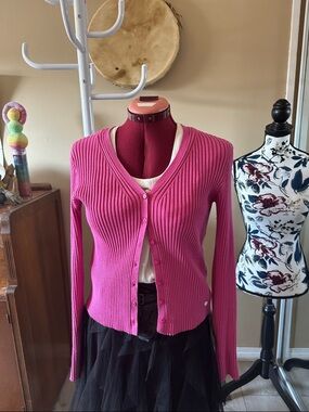 Pink Ribbed V-Neck Button Front Sweater